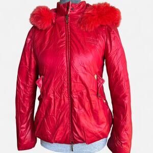 Italian red puffer jacket with fur